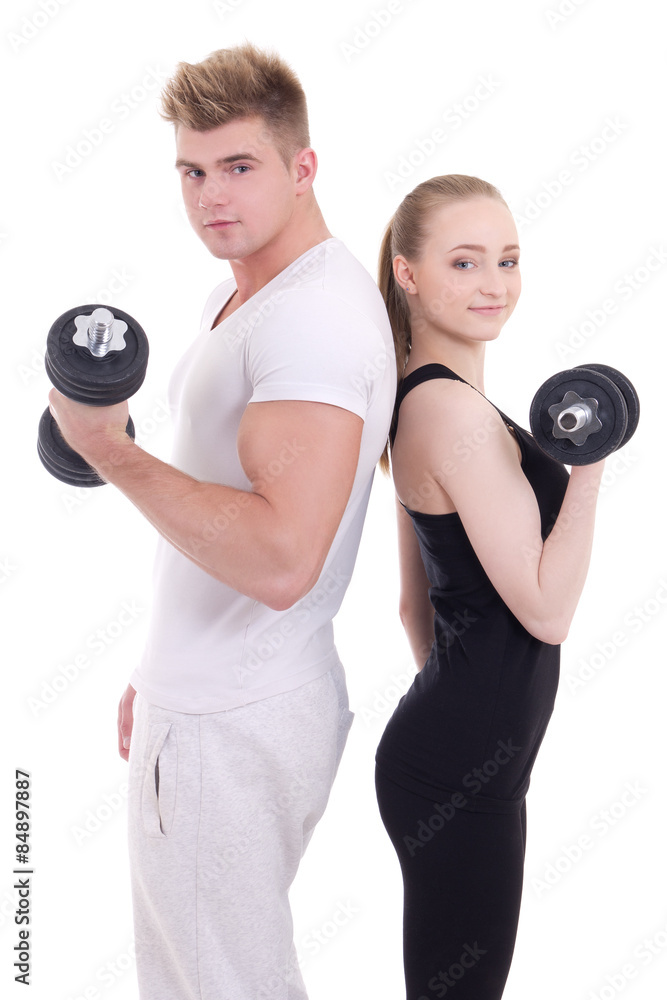 man and woman in sportswear doing exercises with dumbbells isola man and woman in sportswear doing exercises with dumbbells isola
