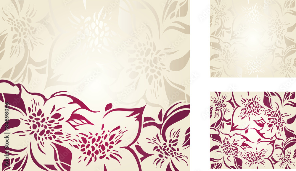 Floral decorative holiday background set in ecru, peach, red Floral decorative holiday background set in ecru, peach, red