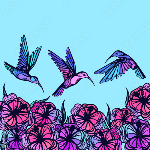 Fototapeta Naklejka Na Ścianę i Meble -  Flying tropical stylized hummingbirds with flowers background