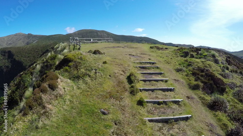 Aerial video footage of the calderira negra,Flores island on the volcano in azores, Fayal, Portugal