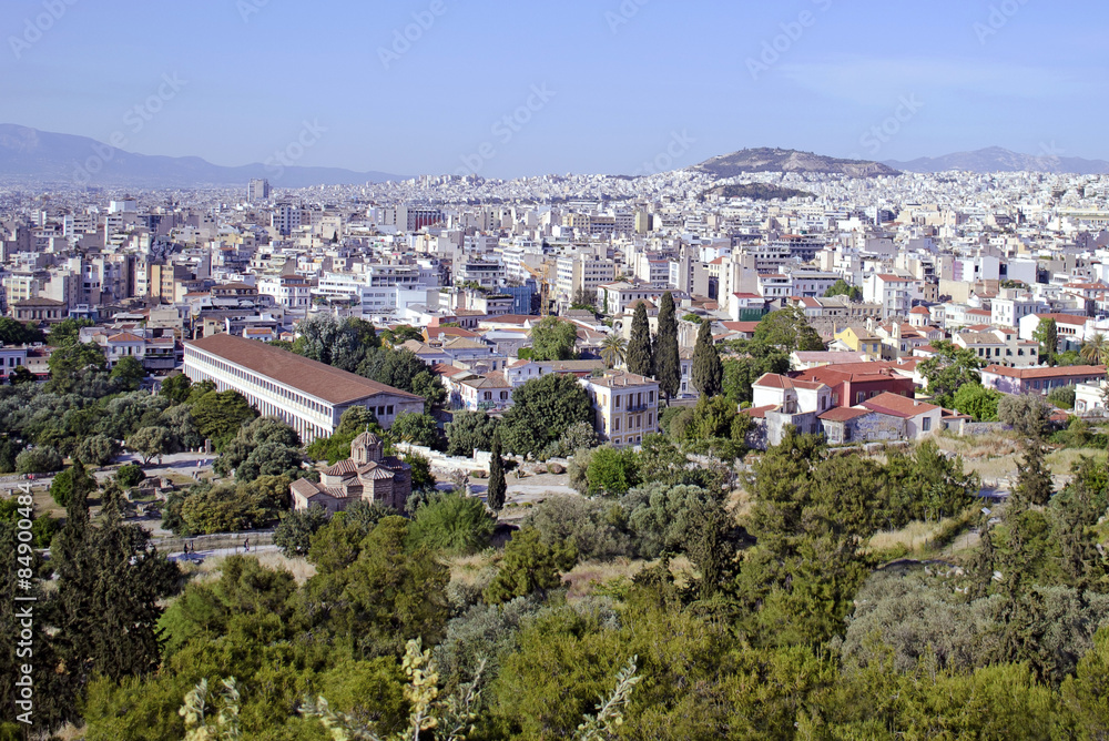 cityscape of Athens Greece with the Stoa of Attalos view and an old church