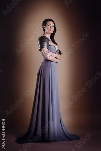 portrait of a beautiful lady warrior, dark-haired girl in a gray dress.