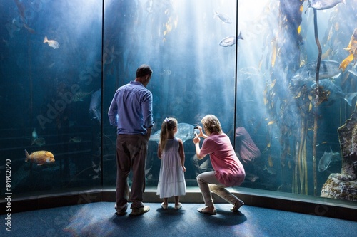 Mother taking photo of fish while daughter and father looking at