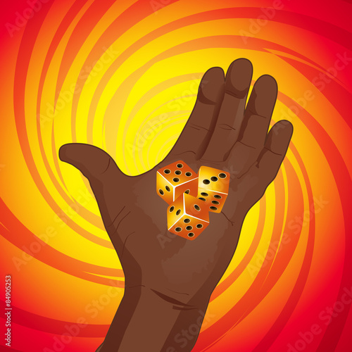 Hand with dices on yellow and red background