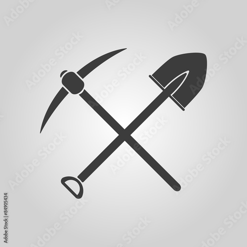 The crossing spade pickax icon. Pickax and excavation, digging, mining symbol. Flat