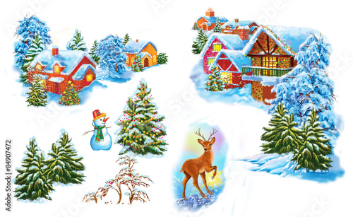 Φωτογραφία Set cartoon winter landscape  the house and trees for fairy tale  Snow Queen  wr