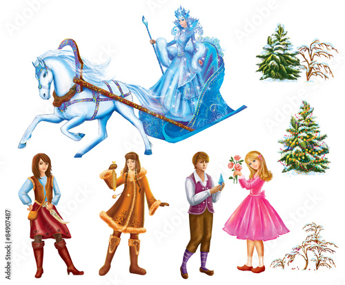 Foto Set cartoon Characters Gerda , Kai , Lappish Womanand trees for fairy tale Snow