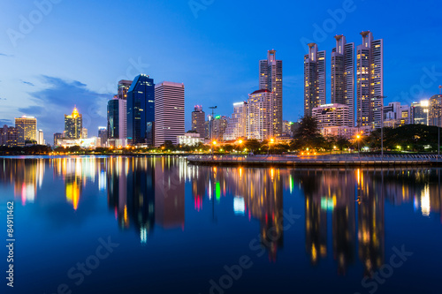 Business buildings in Bangkok seen from Benjakiti park, night Scene, Thailand