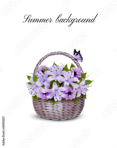 Fototapeta Naklejka Na Ścianę i Meble -  Holiday Background With Basket Full Of Beauty Flowers. Vector.