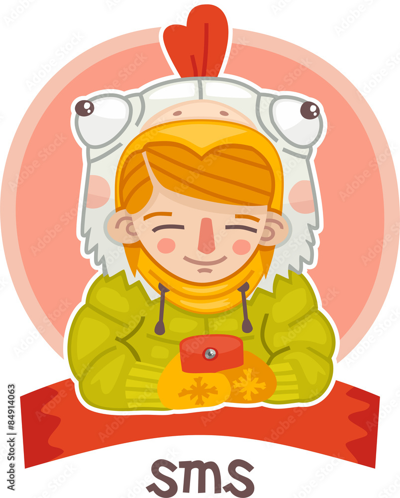 Naklejka premium little girl dressed as a chicken is gaining sms