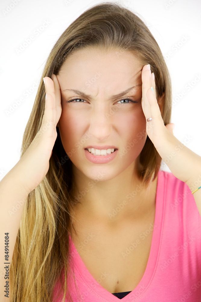 Young blond woman with strong headache isolated Young blond woman with strong headache isolated
