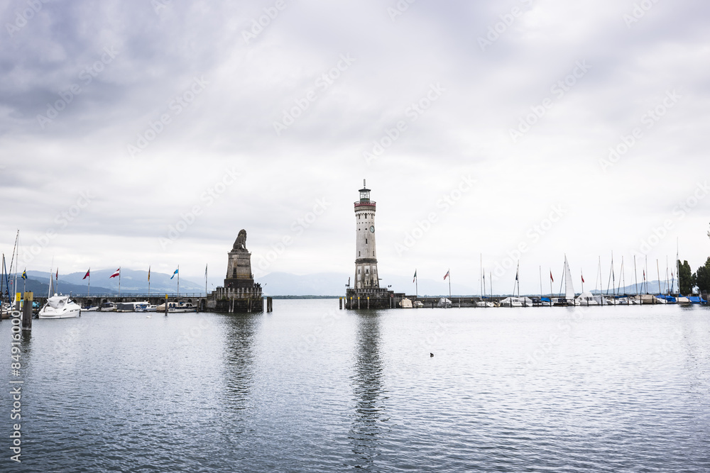 Entrance to the port of Lindau on Lake Constance. Lighthouse.