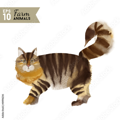 Farm animals. Watercolor vector illustration of cat