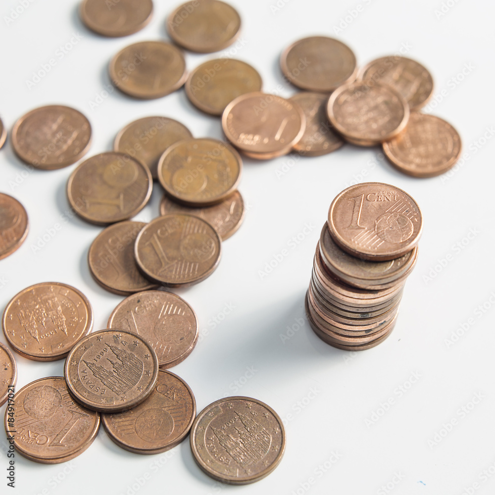 One cent euro coin currency column isolated on a white background One cent euro coin currency column isolated on a white background