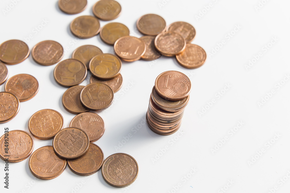 One cent euro coin currency column isolated on a white background One cent euro coin currency column isolated on a white background