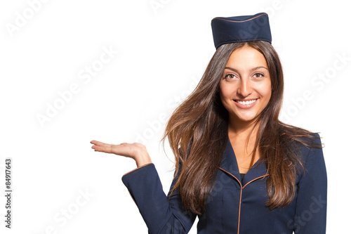 Portrait of a woman dressed as a stewardess on a white background photo