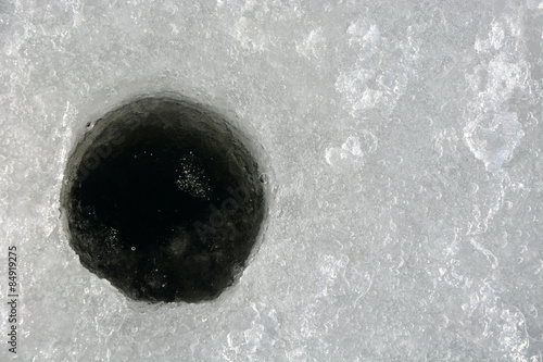 Winter fishing. Ice fishing- hole in the ice