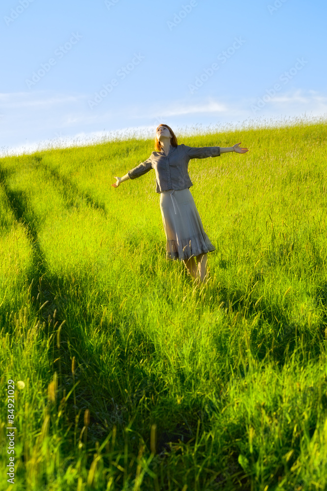 happy woman in field