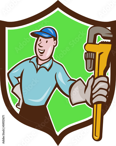 Plumber Presenting Monkey Wrench Shield Cartoon