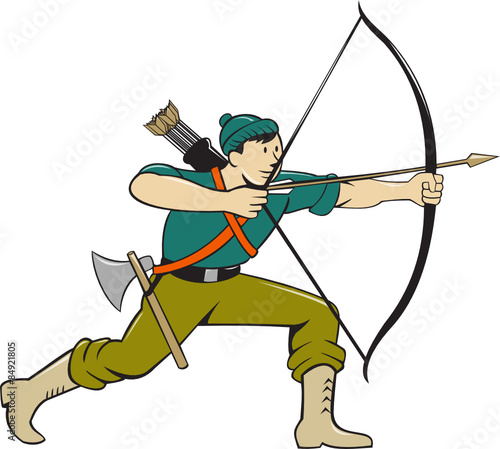 Archer Aiming Long Bow Arrow Cartoon