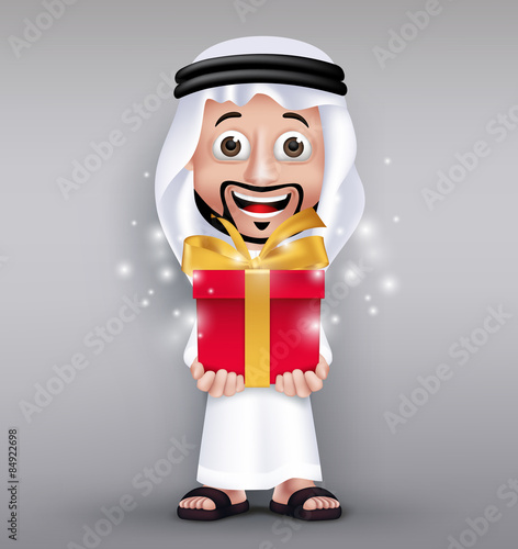 Realistic Saudi Arab Man Wearing Thobe Giving Red Gift Shining with Golden Ribbon