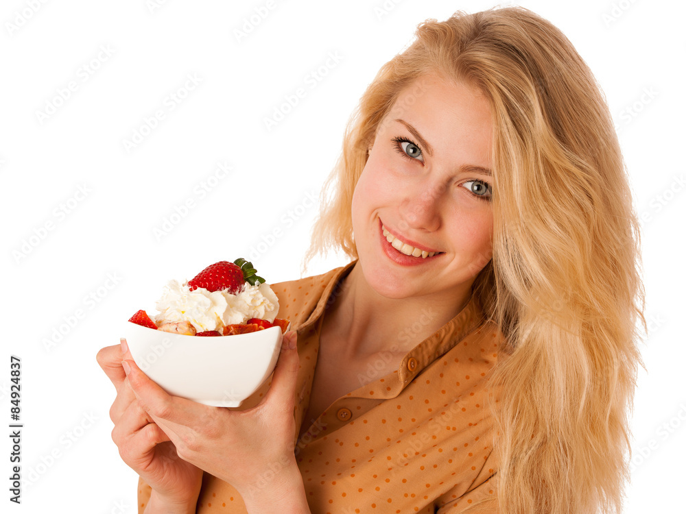 Beautiful young caucasian blonde woman holds a delicious fruit s Beautiful young caucasian blonde woman holds a delicious fruit s