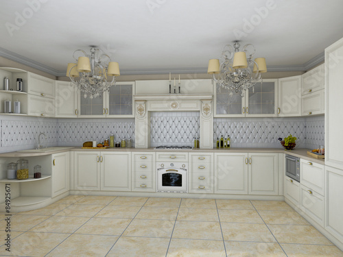 3D illustration of white kitchen in classical style