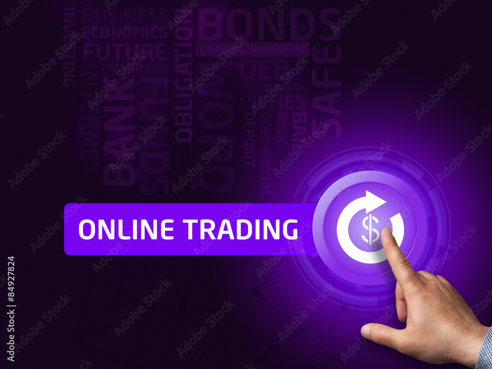 Online trading. Businessman presses a button on the virtual scre Online trading. Businessman presses a button on the virtual scre