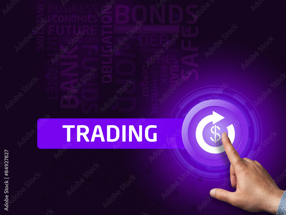 Trading.Businessman presses a button on the virtual screen. Busi Trading.Businessman presses a button on the virtual screen. Busi