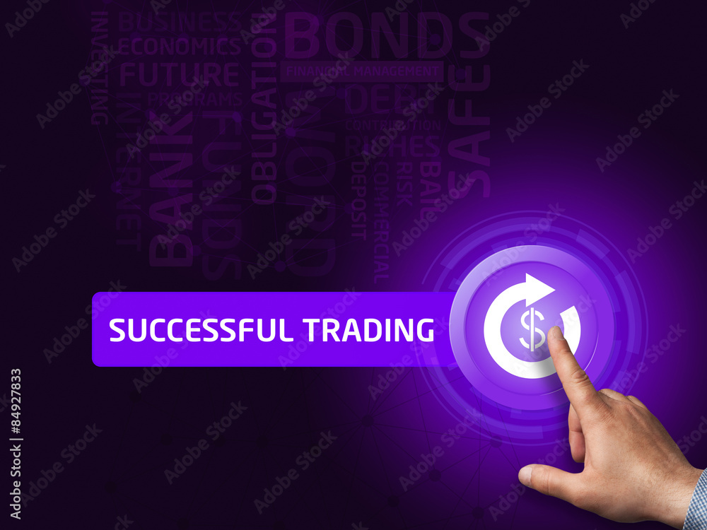 Successful trading. Businessman presses a button on the virtual Successful trading. Businessman presses a button on the virtual