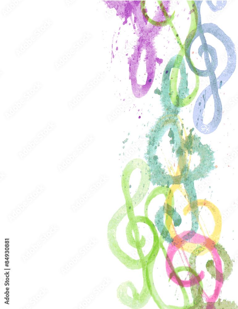 Naklejka premium background border with watercolor treble clefs g on white