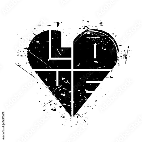 Watercolor vector black heart with word love, isolated on white