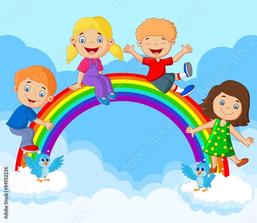Cartoon Happy kids sitting on rainbow