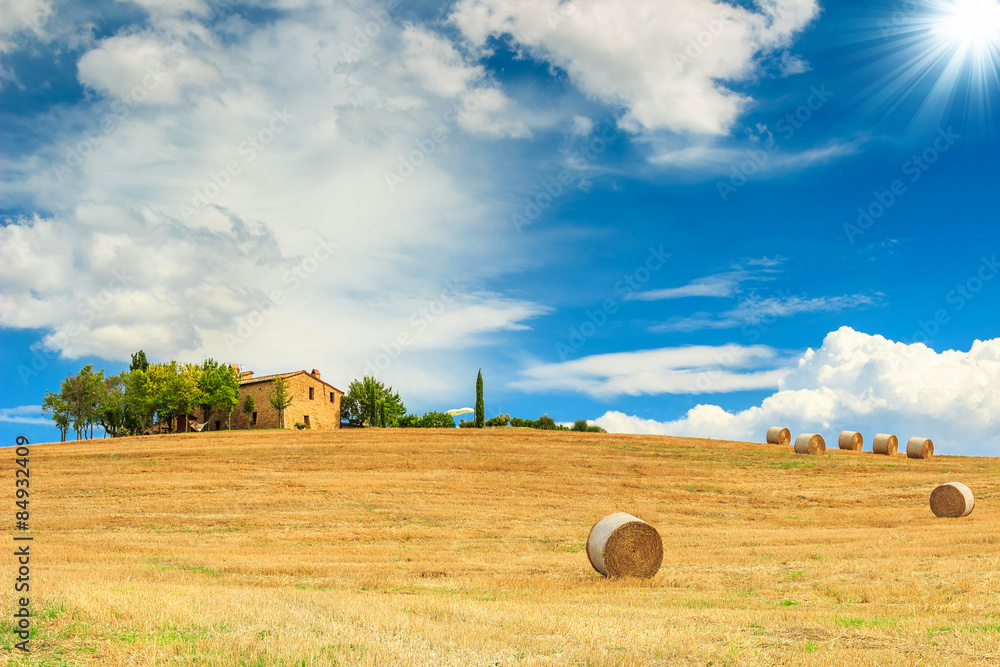 Farmhouse and hay bales in Tuscany,Italy,Europe