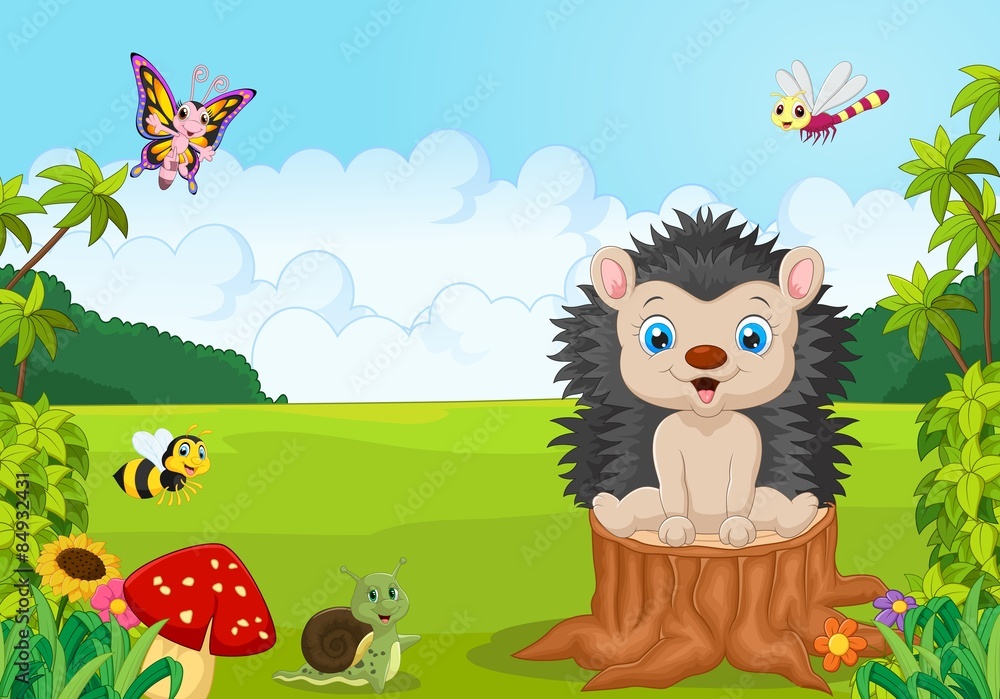 Cartoon sweet hedgehog in the jungle - obrazy, fototapety, plakaty 