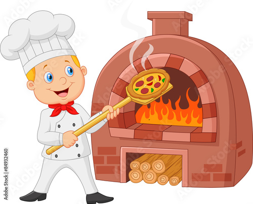 Cartoon chef holding hot pizza with traditional oven