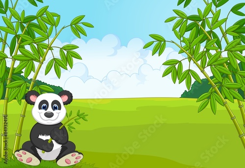 Cartoon cute panda in the bamboo forest