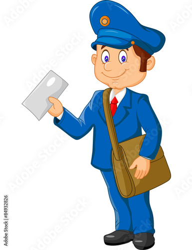 Cartoon postman holding mail and bag