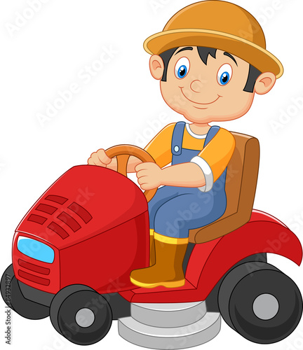 Cartoon Illustration of male gardener riding mowing with ride-on lawn mower 