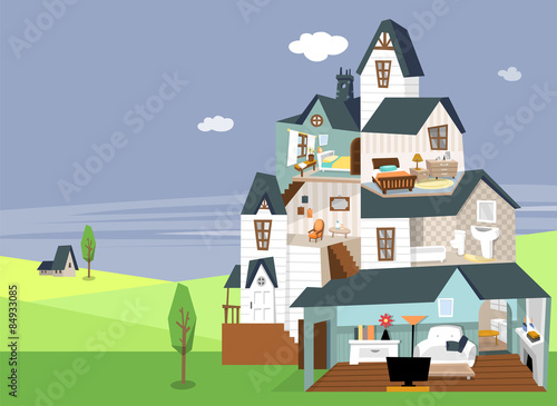 Three story house cutaway and decoration in the daytime