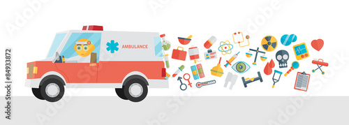 Ambulance with doctor and icons. Cartoon flat vector