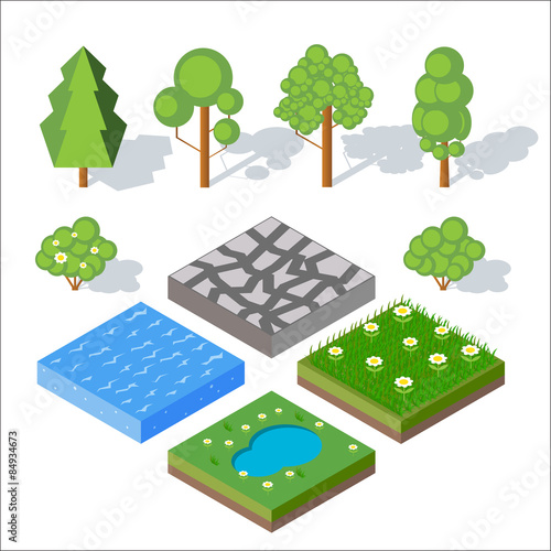 Isometric landscape elements. Bushes and trees, water, grass. Ve