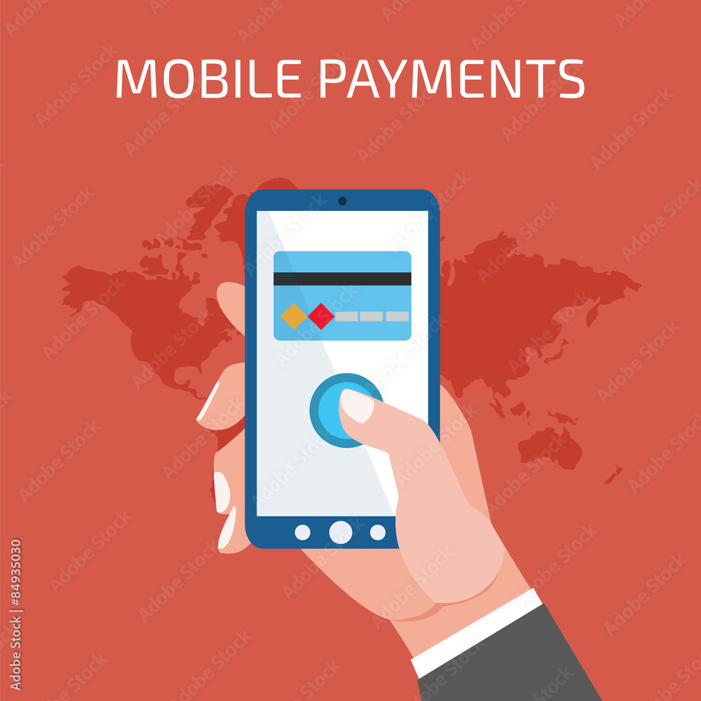 Mobile payment concept. Man holding phone. Flat style Mobile payment concept. Man holding phone. Flat style