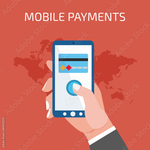 Mobile payment concept. Man holding phone. Flat style