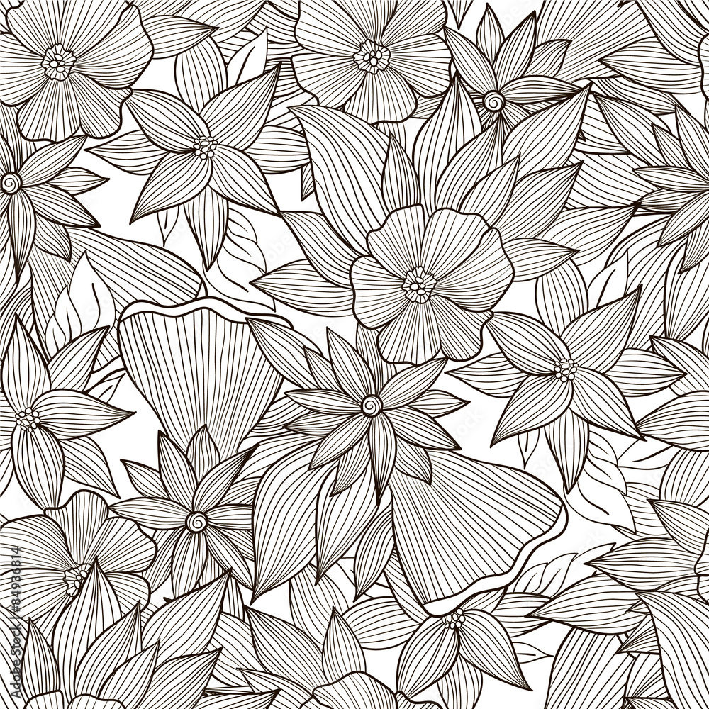 Abstract black and white seamless pattern with flowers and leaves Abstract black and white seamless pattern with flowers and leaves