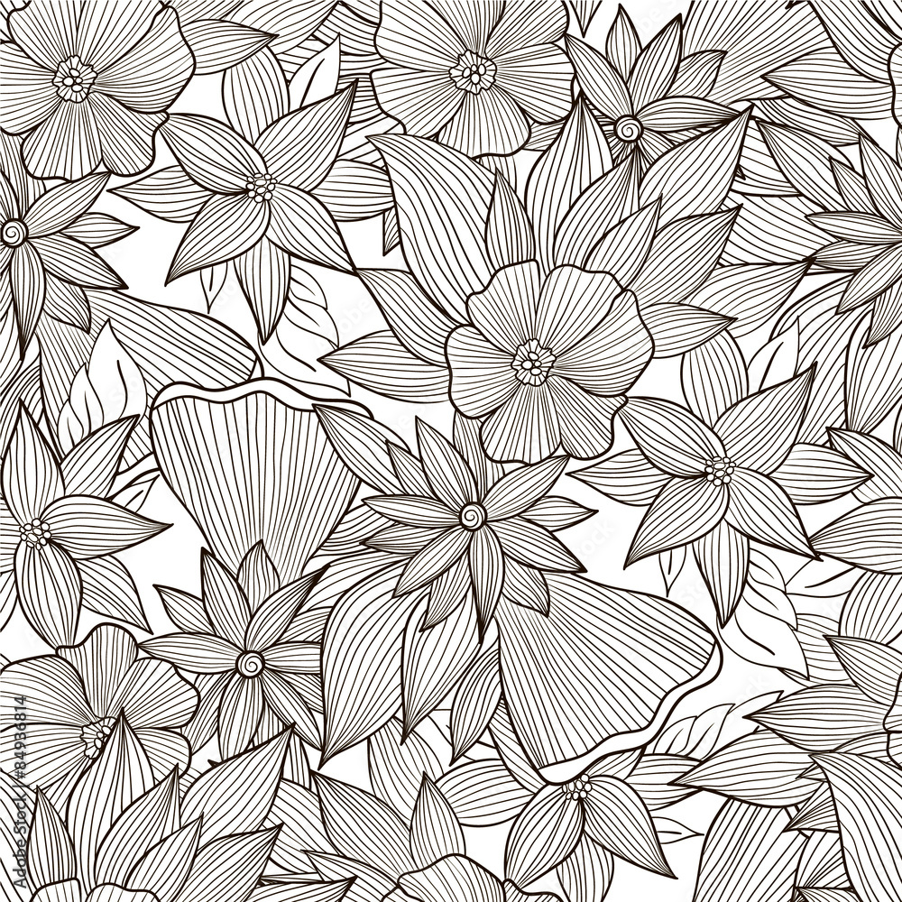 Abstract black and white seamless pattern with flowers and leaves