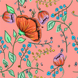 Flowers with leaves seamless pattern background
