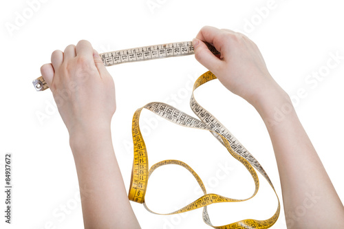 woman hands with sartorial measuring tape isolated photo