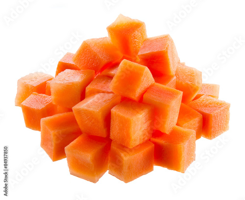 Fresh carrot. Cubes isolated on white