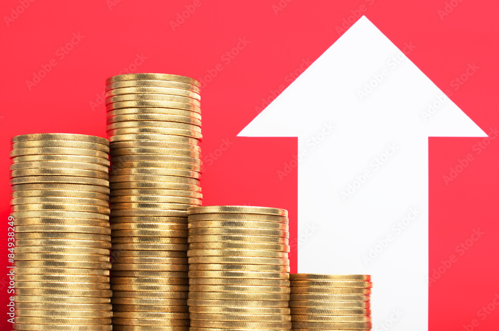 Pile of coins and growing arrow. More money. Increase income. Pile of coins and growing arrow. More money. Increase income.